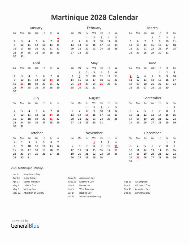 2028 Yearly Calendar Printable With Martinique Holidays