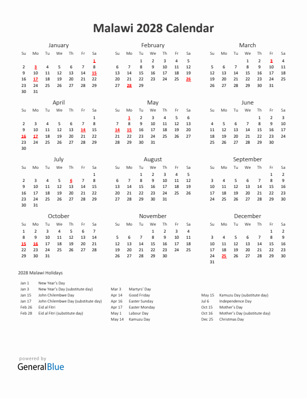 2028 Yearly Calendar Printable With Malawi Holidays