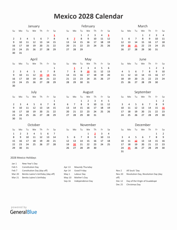 2028 Yearly Calendar Printable With Mexico Holidays