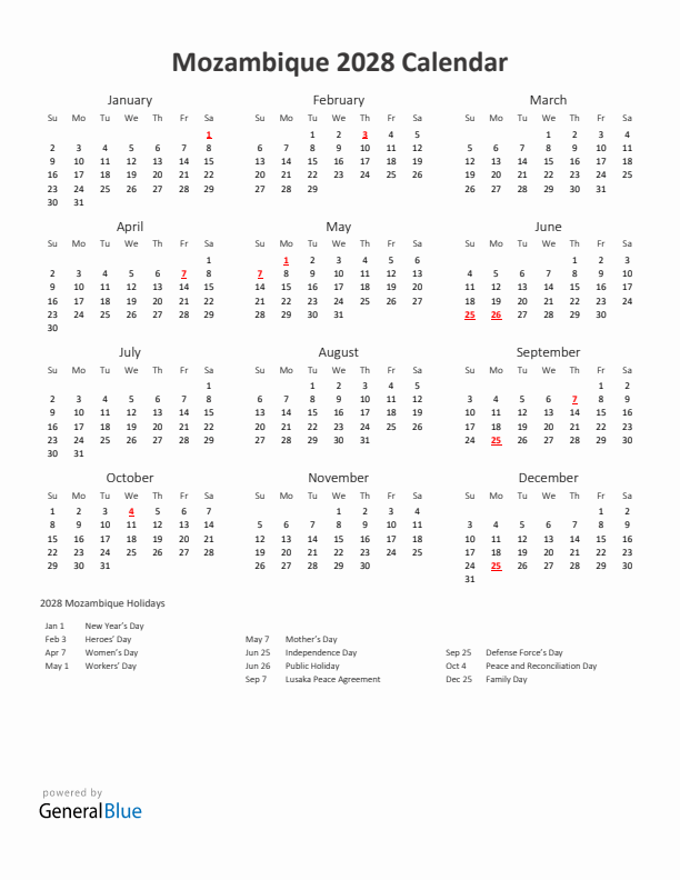 2028 Yearly Calendar Printable With Mozambique Holidays