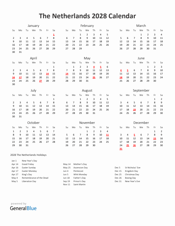 2028 Yearly Calendar Printable With The Netherlands Holidays