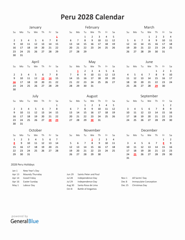 2028 Yearly Calendar Printable With Peru Holidays