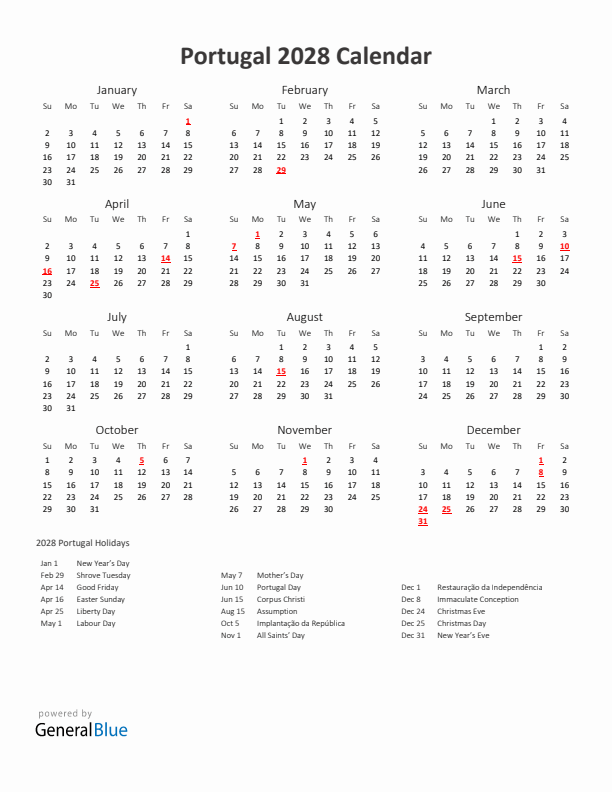 2028 Yearly Calendar Printable With Portugal Holidays
