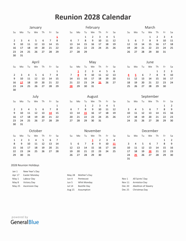 2028 Yearly Calendar Printable With Reunion Holidays