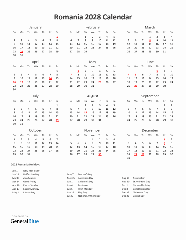 2028 Yearly Calendar Printable With Romania Holidays