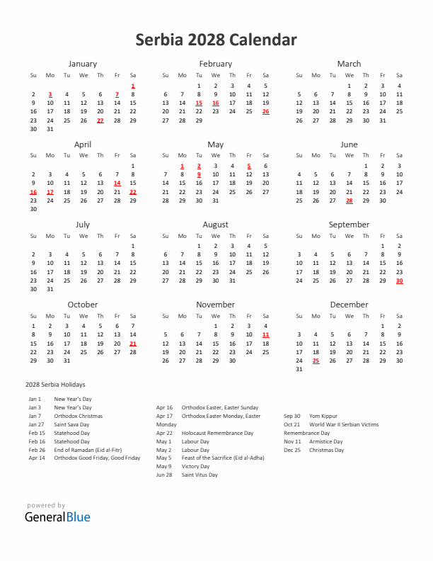 2028 Yearly Calendar Printable With Serbia Holidays