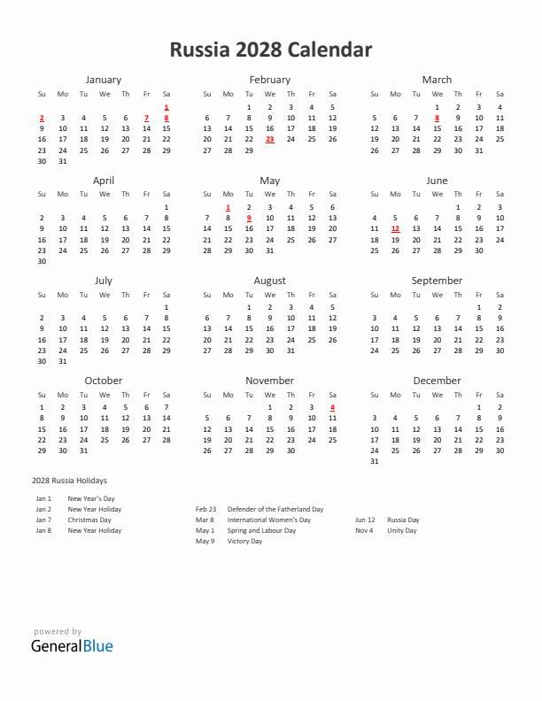 2028 Yearly Calendar Printable With Russia Holidays