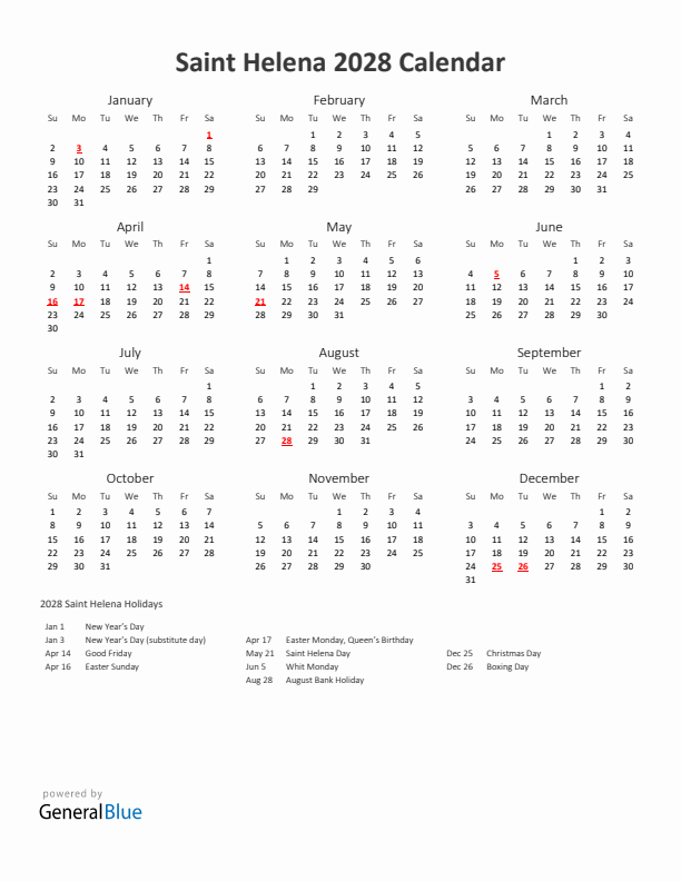2028 Yearly Calendar Printable With Saint Helena Holidays