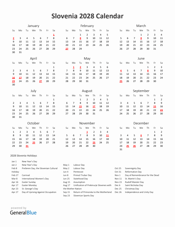 2028 Yearly Calendar Printable With Slovenia Holidays