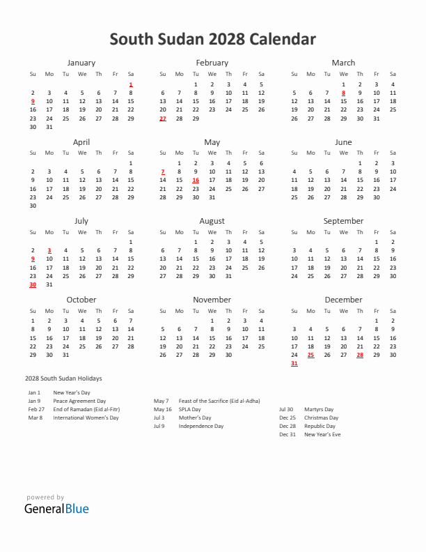 2028 Yearly Calendar Printable With South Sudan Holidays