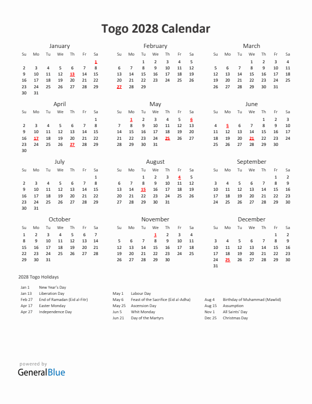 2028 Yearly Calendar Printable With Togo Holidays