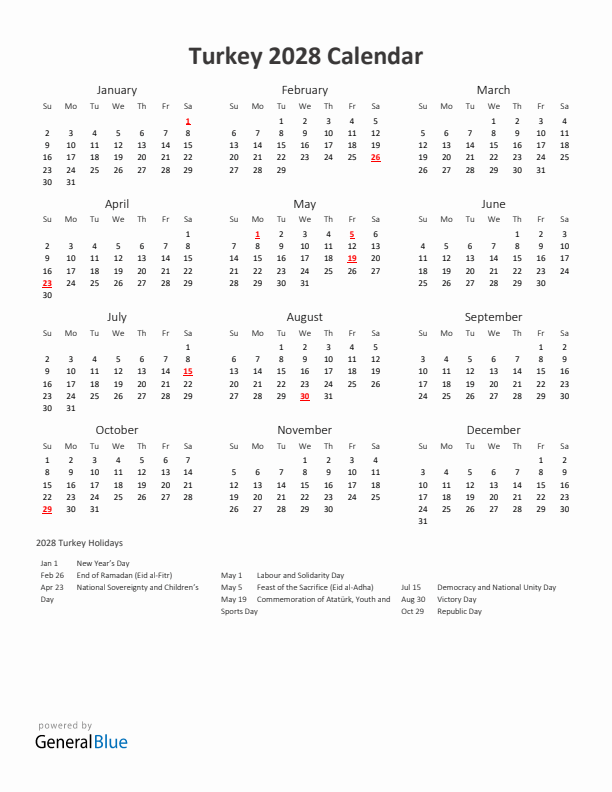 2028 Yearly Calendar Printable With Turkey Holidays