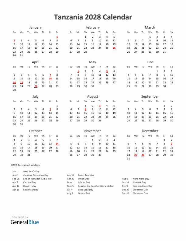 2028 Yearly Calendar Printable With Tanzania Holidays