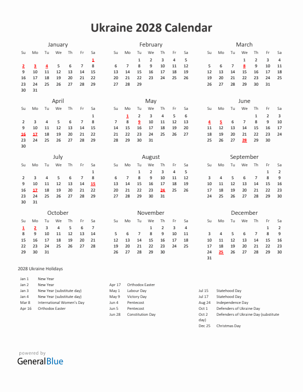 2028 Yearly Calendar Printable With Ukraine Holidays