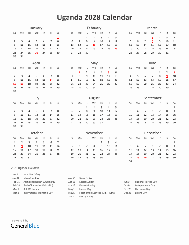 2028 Yearly Calendar Printable With Uganda Holidays