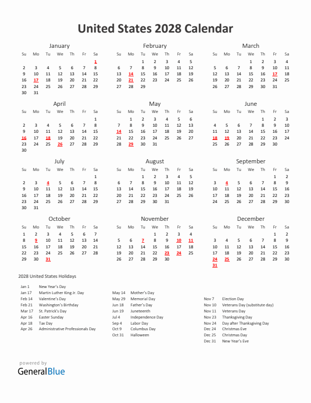 2028 Yearly Calendar Printable With United States Holidays