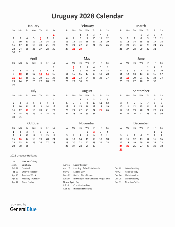 2028 Yearly Calendar Printable With Uruguay Holidays