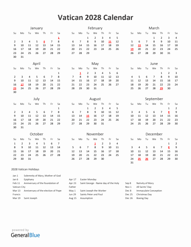 2028 Yearly Calendar Printable With Vatican Holidays