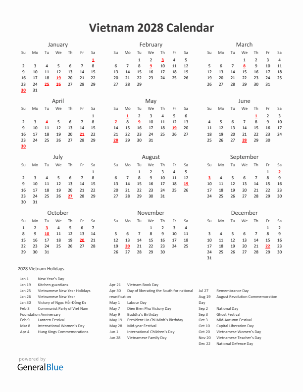 2028 Yearly Calendar Printable With Vietnam Holidays