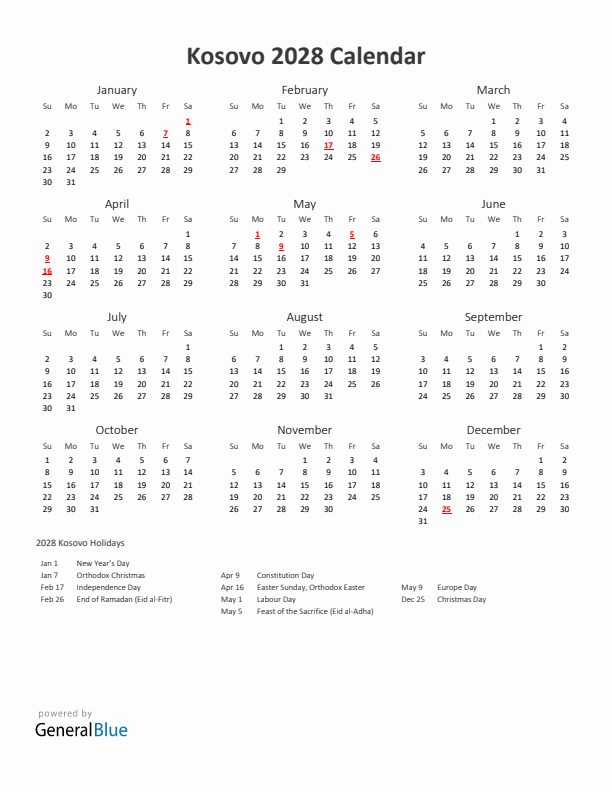2028 Yearly Calendar Printable With Kosovo Holidays