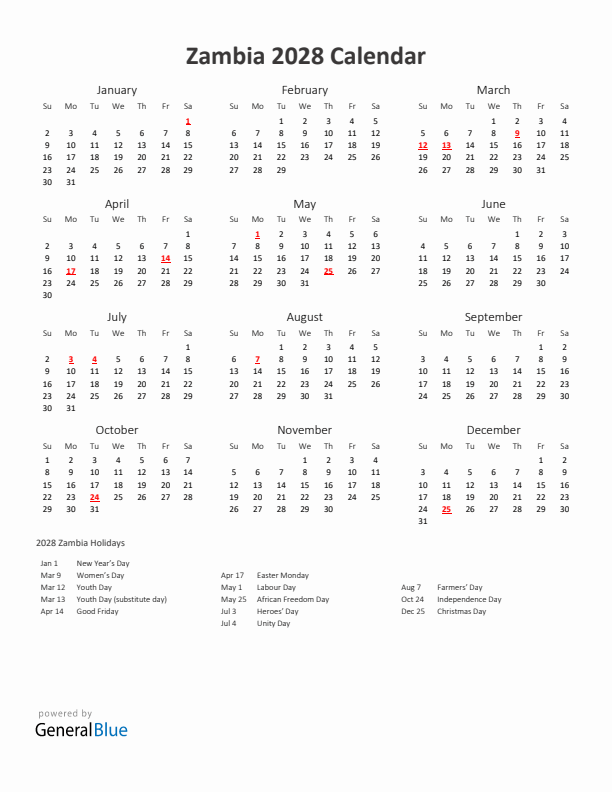 2028 Yearly Calendar Printable With Zambia Holidays