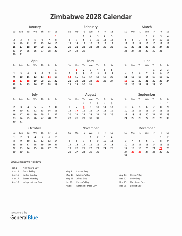 2028 Yearly Calendar Printable With Zimbabwe Holidays