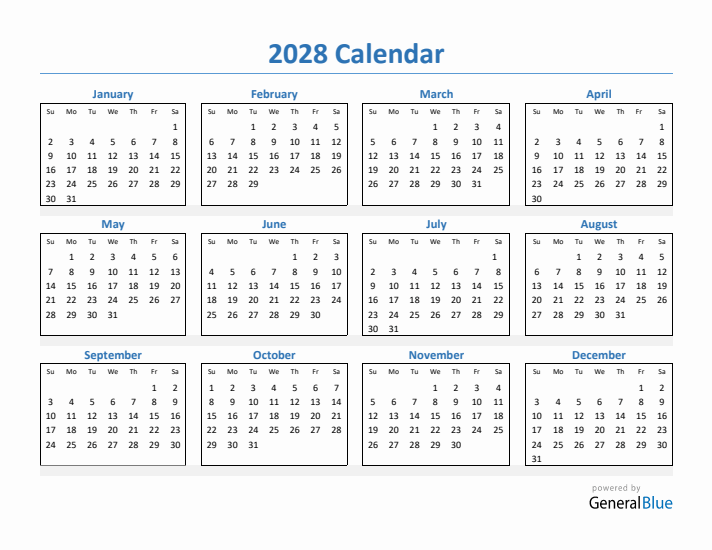 2028 Simple Yearly Calendar (PDF Excel Word)
