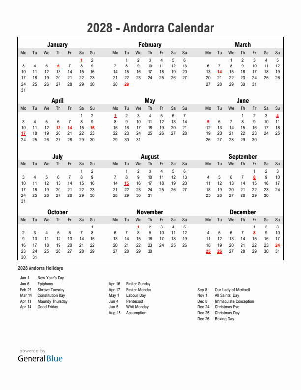 Year 2028 Simple Calendar With Holidays in Andorra