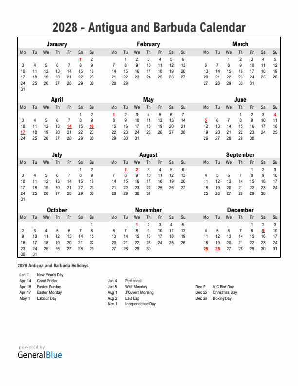 Year 2028 Simple Calendar With Holidays in Antigua and Barbuda