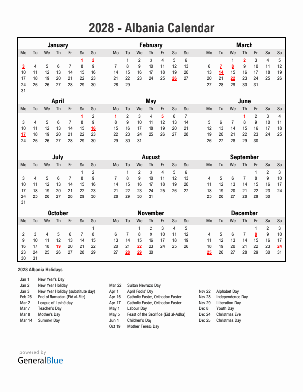 Year 2028 Simple Calendar With Holidays in Albania