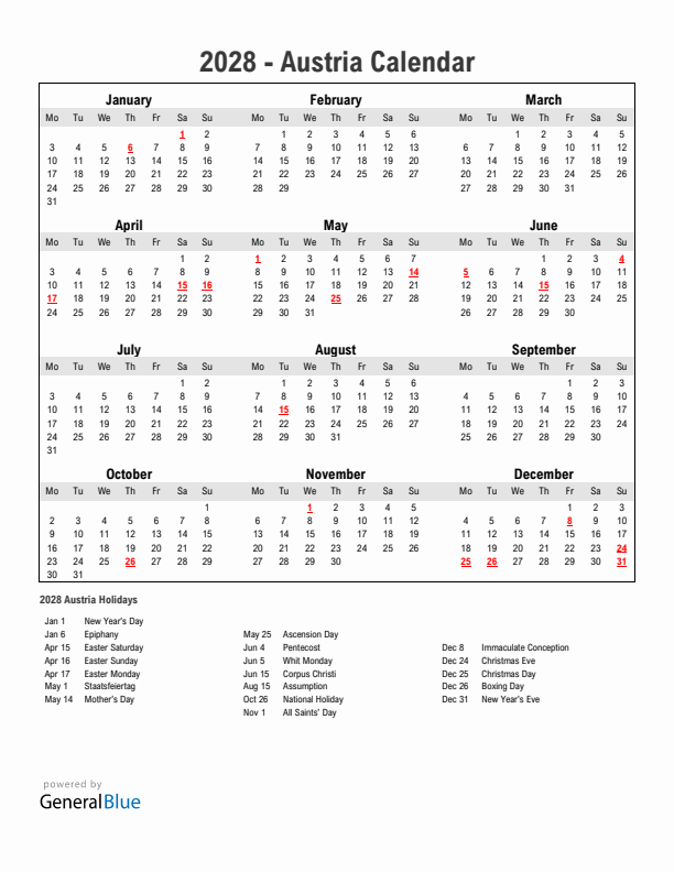 Year 2028 Simple Calendar With Holidays in Austria