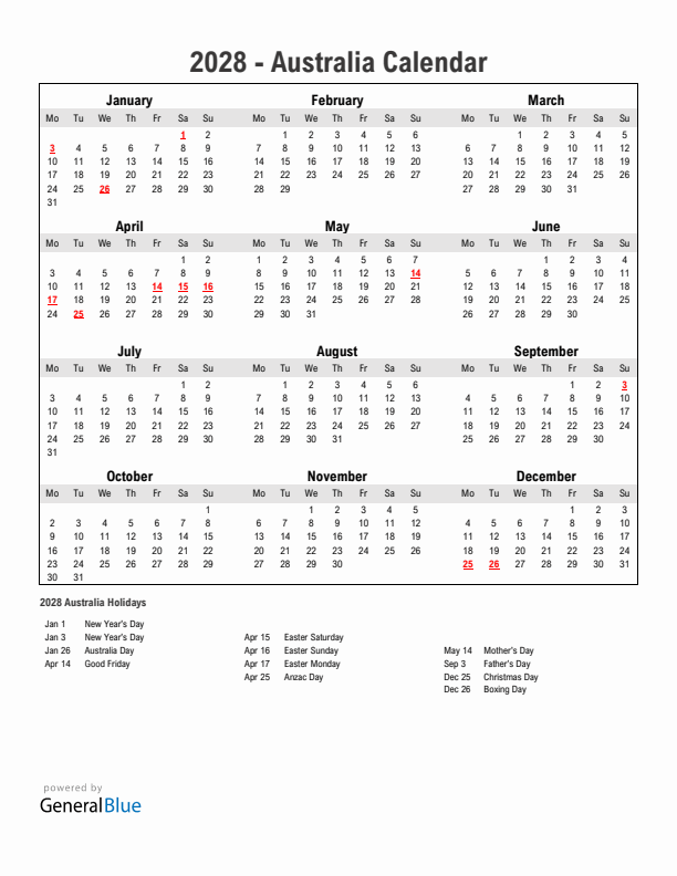 Year 2028 Simple Calendar With Holidays in Australia