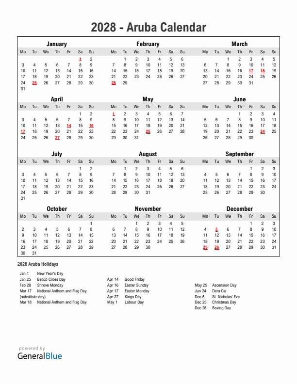Year 2028 Simple Calendar With Holidays in Aruba