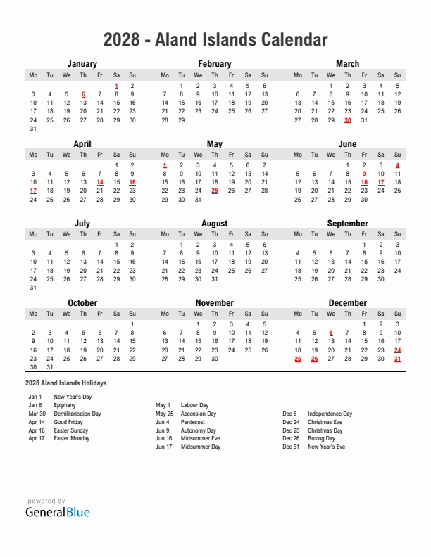 Year 2028 Simple Calendar With Holidays in Aland Islands