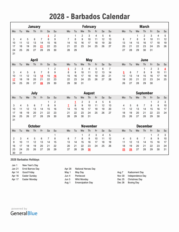 Year 2028 Simple Calendar With Holidays in Barbados