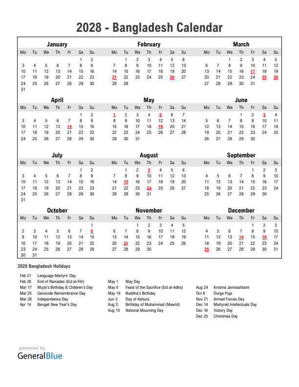 Year 2028 Simple Calendar With Holidays in Bangladesh