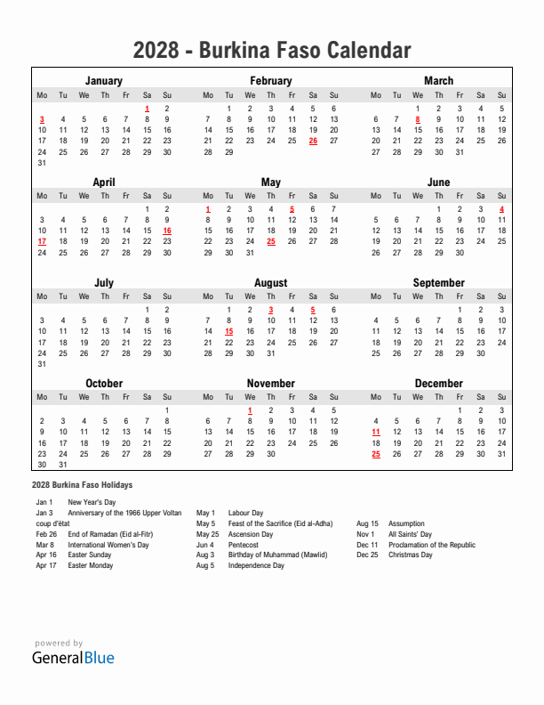 Year 2028 Simple Calendar With Holidays in Burkina Faso