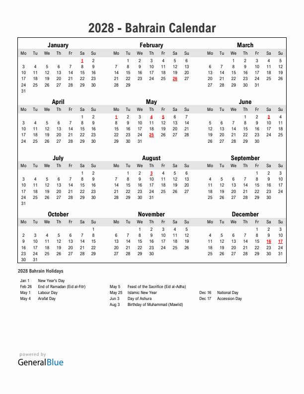 Year 2028 Simple Calendar With Holidays in Bahrain