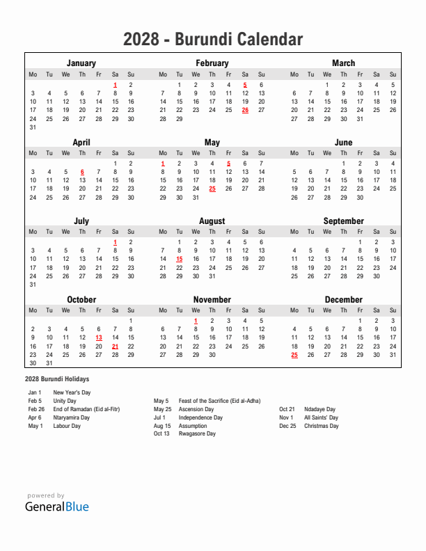 Year 2028 Simple Calendar With Holidays in Burundi