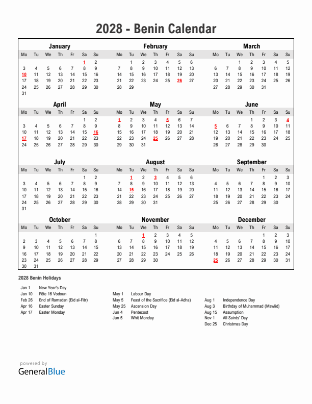 Year 2028 Simple Calendar With Holidays in Benin