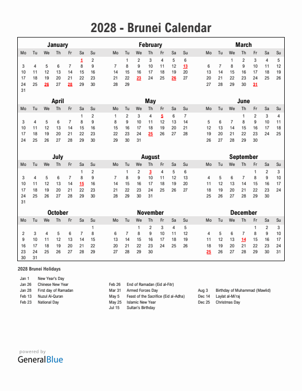 Year 2028 Simple Calendar With Holidays in Brunei