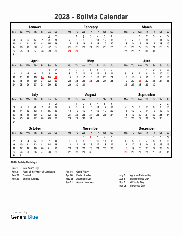 Year 2028 Simple Calendar With Holidays in Bolivia