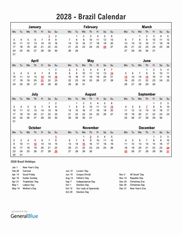 Year 2028 Simple Calendar With Holidays in Brazil