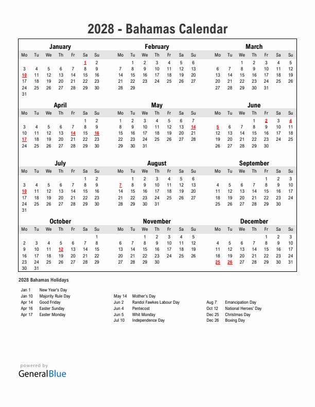 Year 2028 Simple Calendar With Holidays in Bahamas