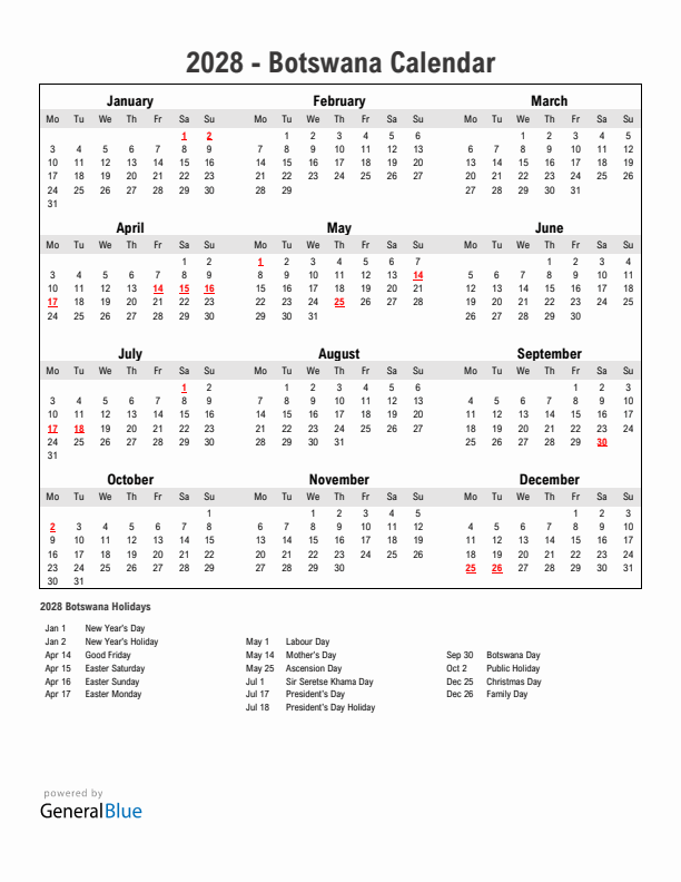 Year 2028 Simple Calendar With Holidays in Botswana