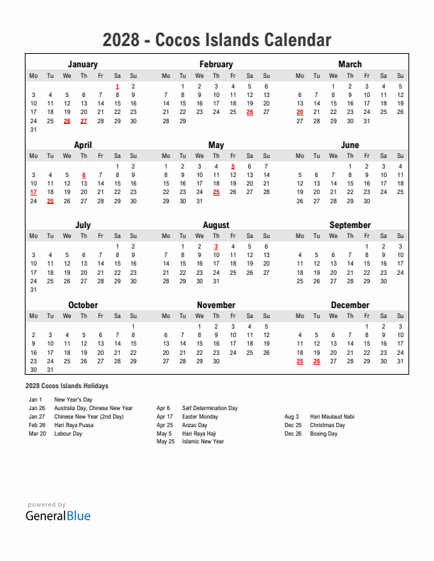 Year 2028 Simple Calendar With Holidays in Cocos Islands