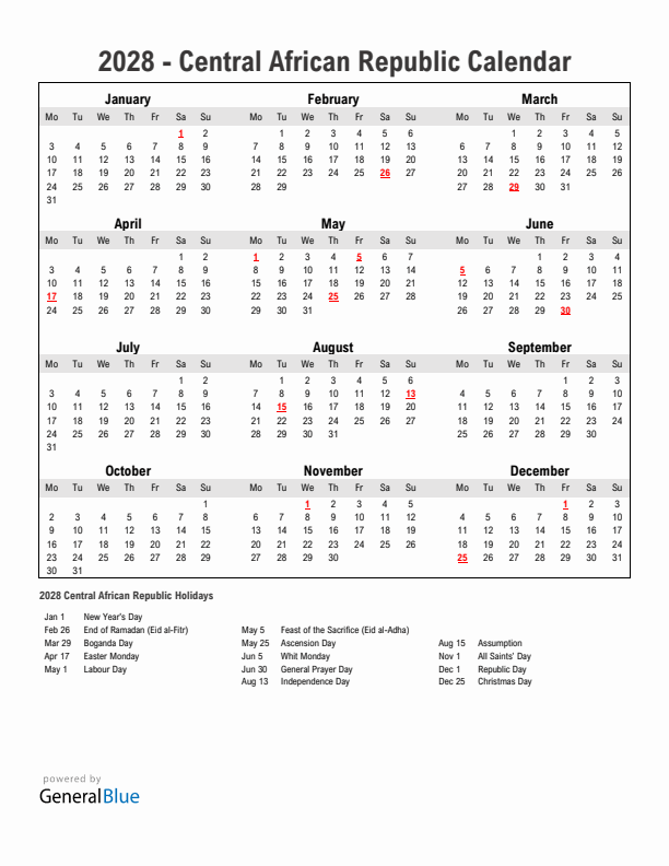 Year 2028 Simple Calendar With Holidays in Central African Republic