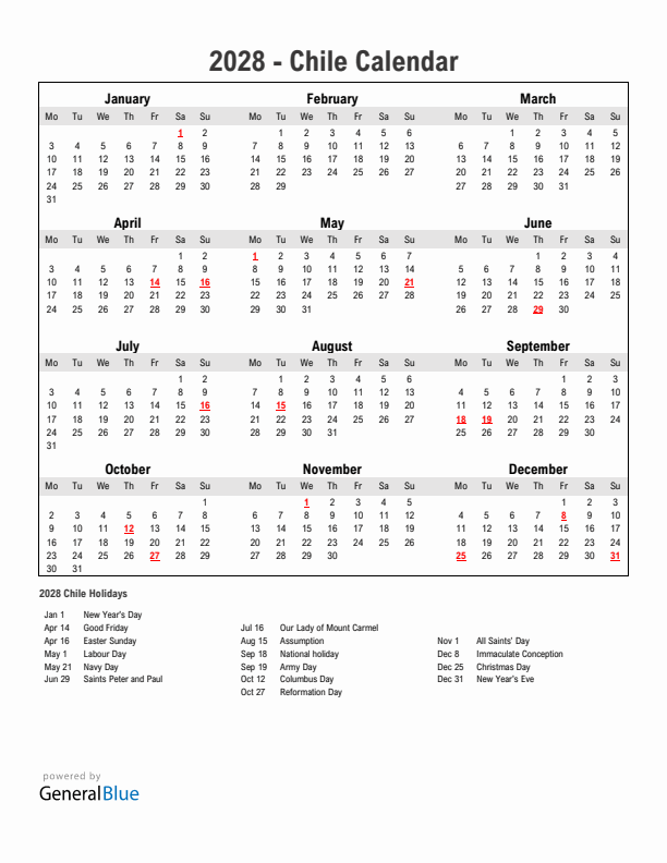 Year 2028 Simple Calendar With Holidays in Chile