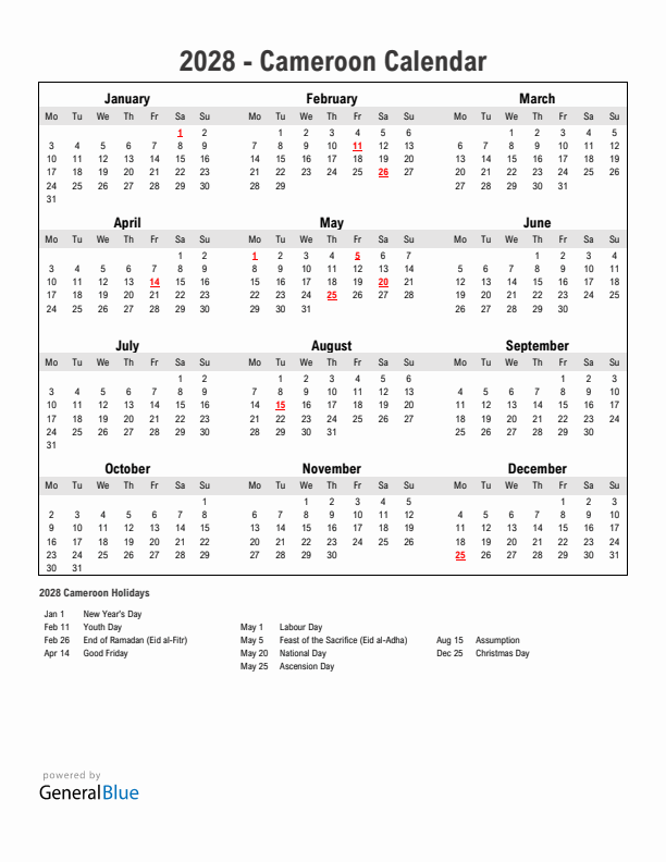 Year 2028 Simple Calendar With Holidays in Cameroon