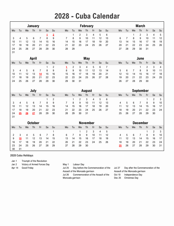 Year 2028 Simple Calendar With Holidays in Cuba